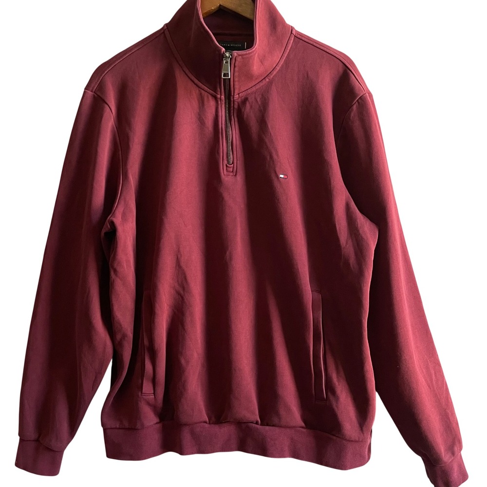 Tommy Hilfiger Quarter Zip Mens XXL Burgundy Mock Neck Preppy Fall Dark Academia